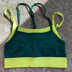 Fabletics Poppy neon yellow and forest green criss cross sports bra